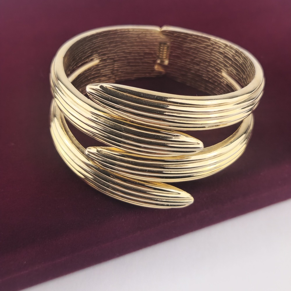 Vintage Gold Tone Ribbed Multi Row Bypass Hinged Cuff Bracelet Statement